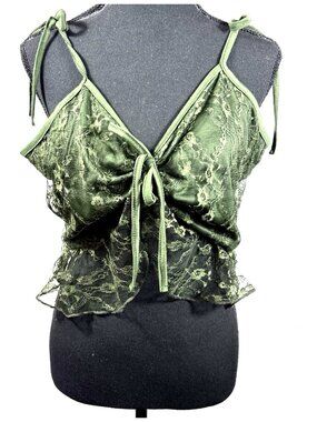 ROMWE Lace Tie Front Cami Top 1XL Fairycore Green Babydoll Coquette